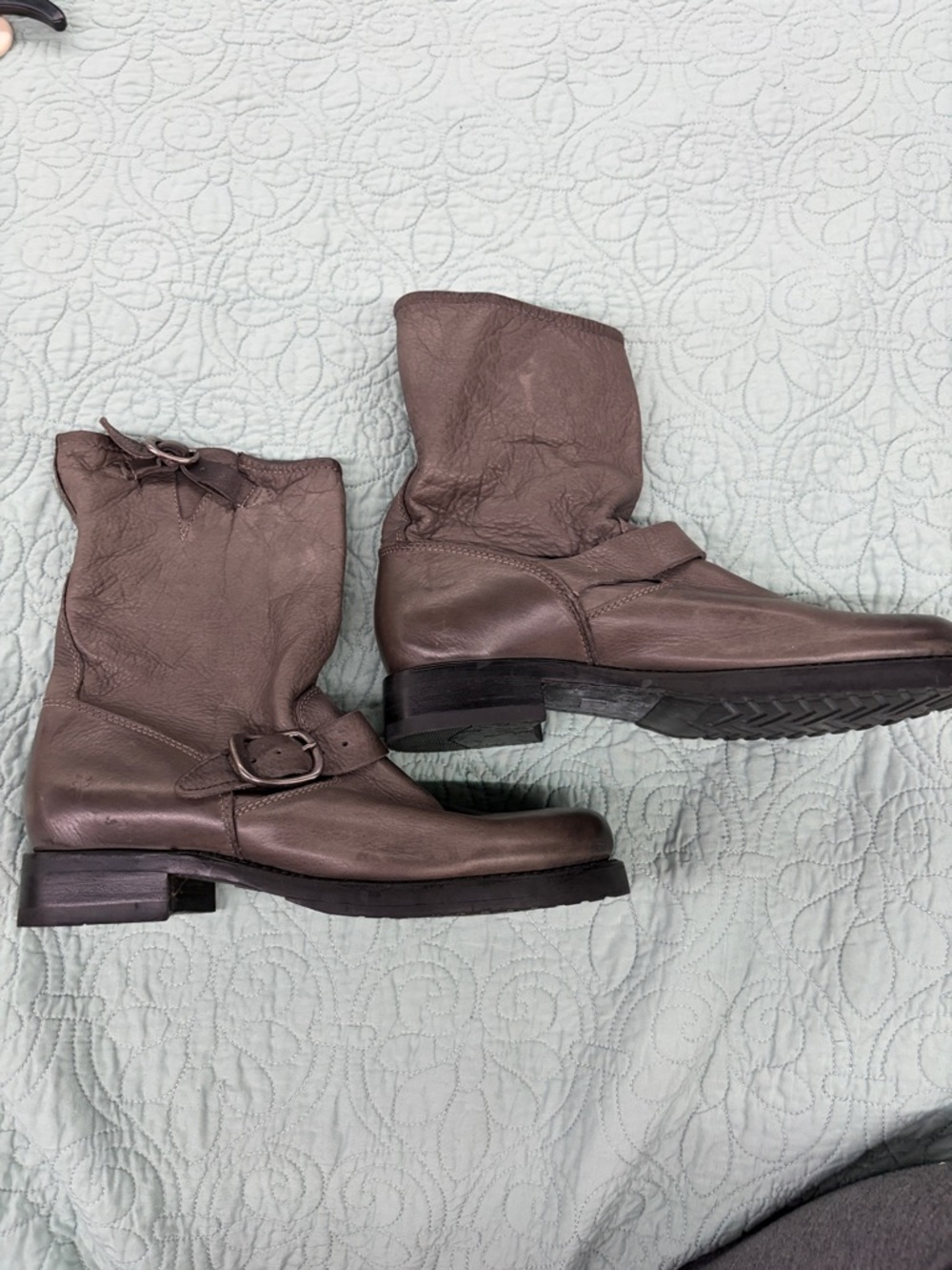 Frye Gray Leather Mid-Calf Buckle Boots